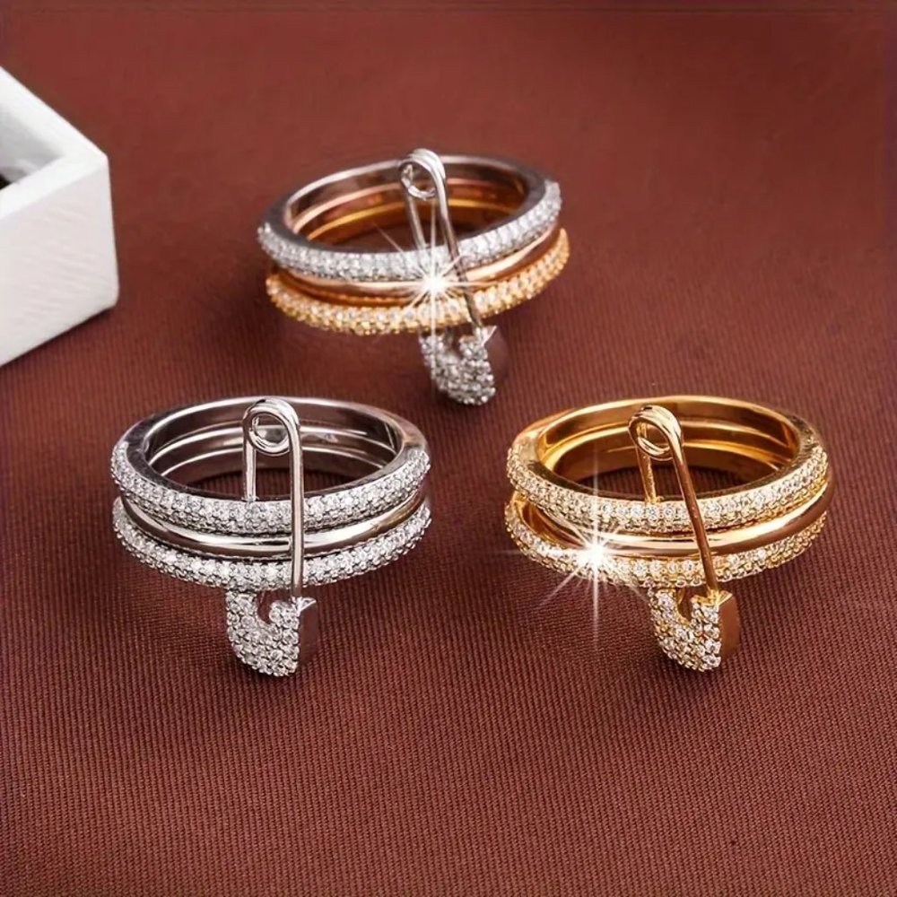Chic Ring Multi Layer + Pin Design Paved Shining Zirconia